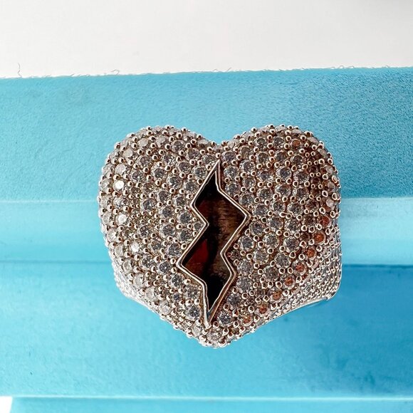 925 Sterling Sliver Moissanite Broken Heart Ring, 2.9ctw VVS Stones Hip Hop Jewe - Picture 5 of 9